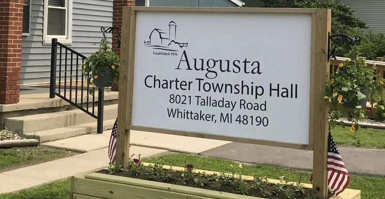 The sign outside Augusta Charter Township Hall in Whittaker, Michigan