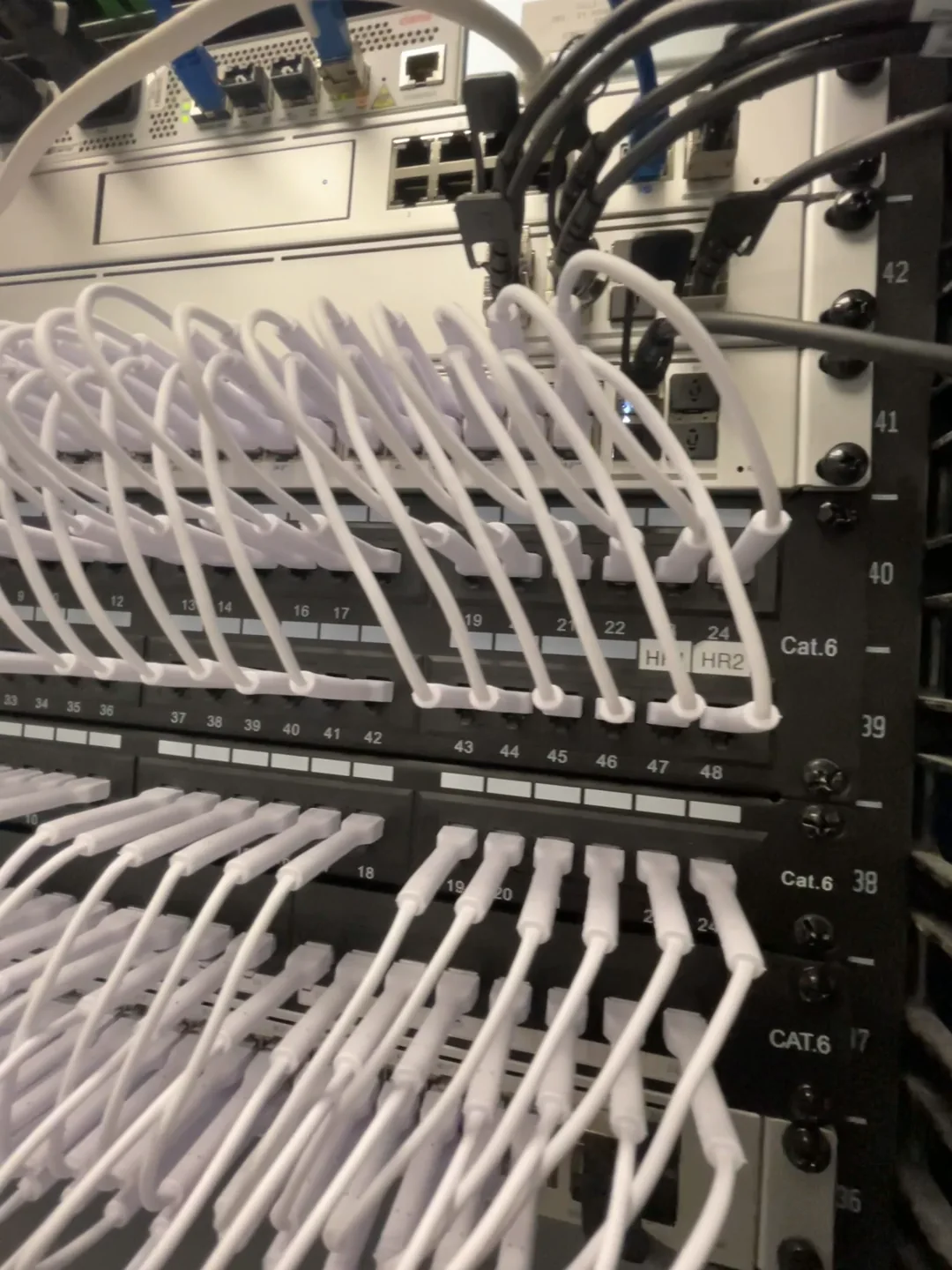 Network switches and neatly connected patch panels in an equipment rack