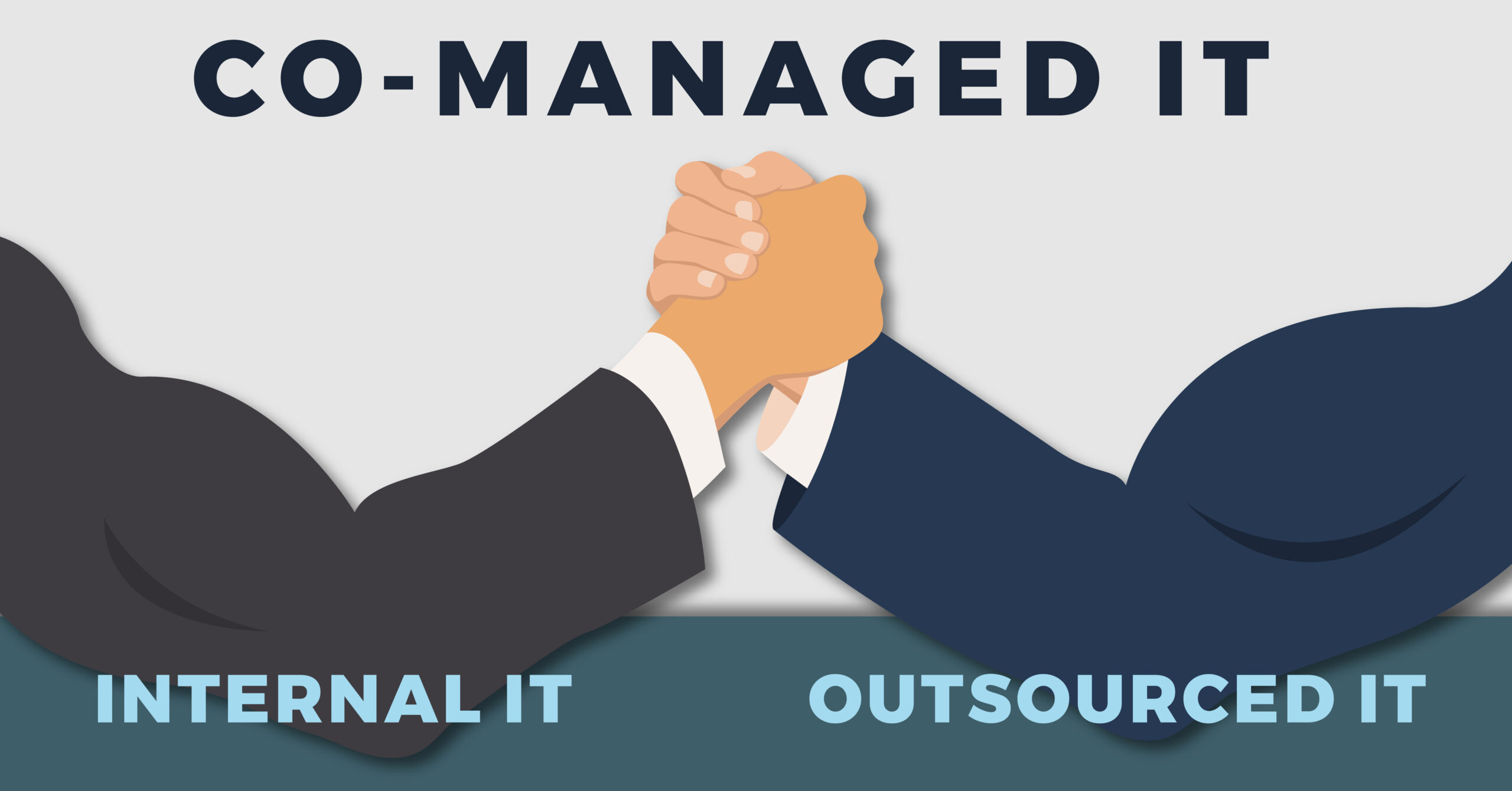 Co-Managed IT image, two men gripping hands, internal IT and outsourced IT